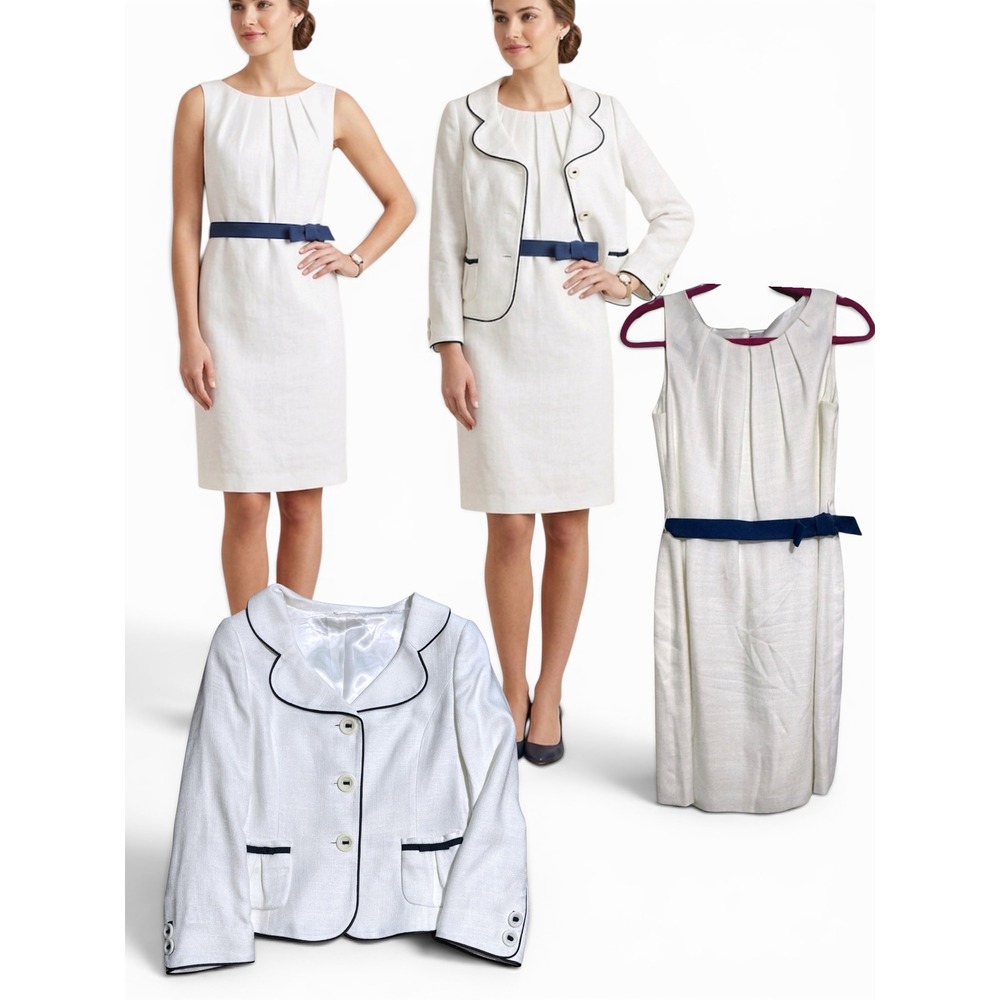 Hobbs Ivory Navy Trim linen look dress jacket suit set  old money US sz6/8 derby